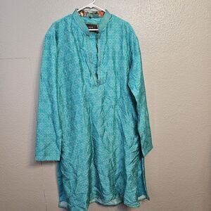 Arok By Kora Teal Blue Tunic Kurta Long Sleeve Sz 44"/110cm Geo Pattern Y002